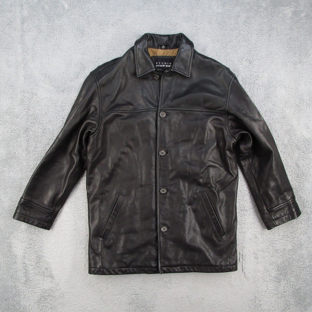 Studio Andrew Marc Wilsons Mens Black Leather Jacket Button Front Car Coat M